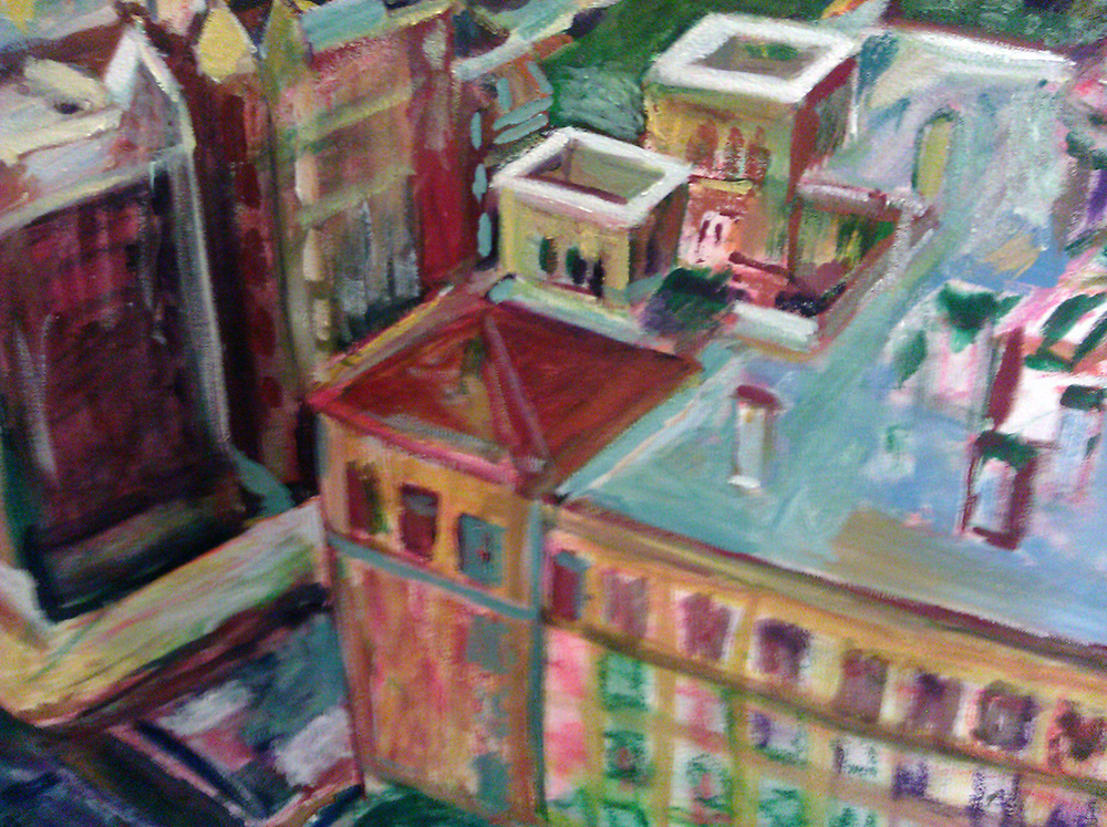 Preview of an oil painting by noel hefele. Rooftops in Prospect lefferts gardens, brooklyn